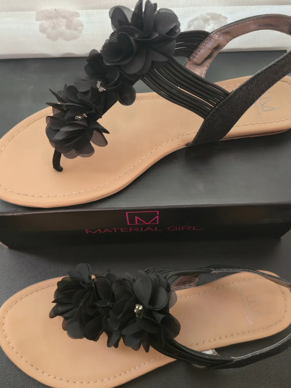 Material Girl Black Floral T-Strap Slingback Sandals